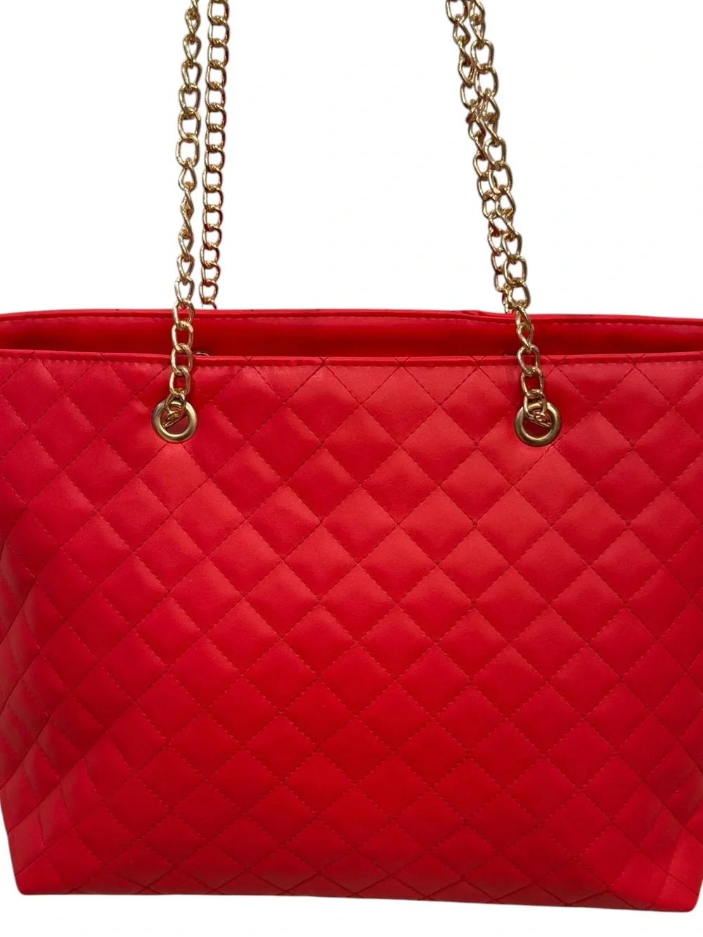 Badgley Mischka Large Red Quilted Tote w/Gold-tone Chain Handles